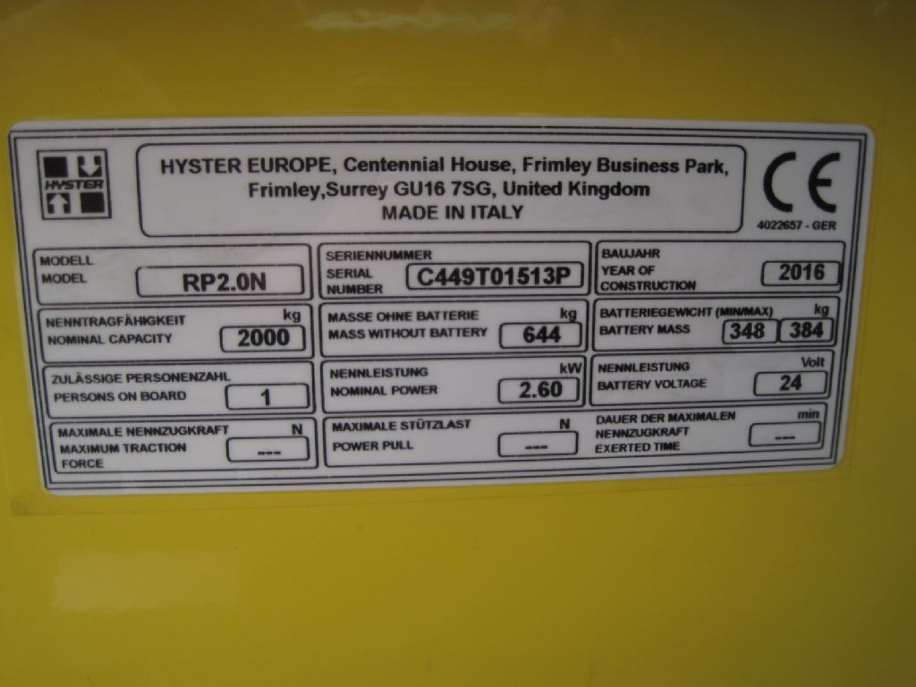 Hyster RP 2.0 N Hochhubwagen agravis-stapler.de
